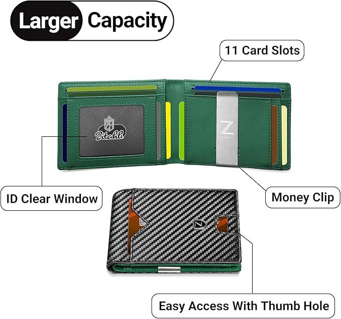 Zitahli Slim Wallet for Men with Money Clip, Minimalist Front Pocket RFID Blocking Leather Wallets Bifold Credit Card Holder, 11 Card Slots and ID Window with Gift Box