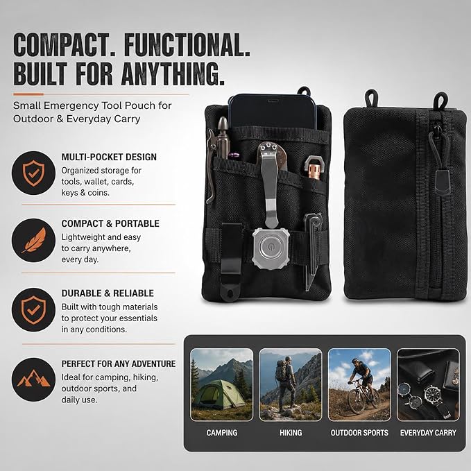 Small EDC Pouch，EDC Pouch for Men,Multitool Pocket Pouch Hold for EDC Tools, Outdoor Sports, Camping, Hiking, Purse, Cards, Keys, Change, Black EDC Belt Pouch for Daily Carry