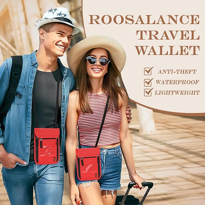 Passport Holder for Travel, Neck Pouch Travel Wallet With RFID Blocking, Waterproof Lightweight Passport Wallet for Women and Men (Red)