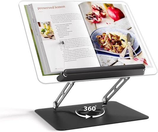 HAUTOCO Adjustable Acrylic Book Stand for Reading, 360° Rotating Base, Foldable Desktop Book Holder with Elastic Page Clips, Hands-Free Cookbook Stand for Laptop, Tablet, Recipe, Textbook, Music Score