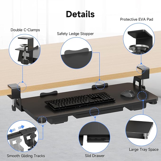 XINLEI Keyboard Tray Under Desk with Storage Drawer Large C-Clamp 26.7”(31” Including Clamps) x 11.8” Slide-Out Platform Computer Drawer Pull Out Keyboard & Mouse Tray DSF7CT