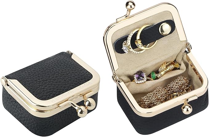 Royal Bagger Genuine Cow Leather Mini Jewelry Box Women's Coin Purse Solid Color Kiss Lock Change Pouch Casual Style Small Storage Bag for Women 1894 (New Black1)
