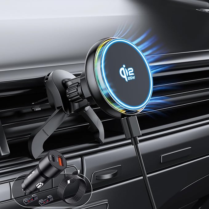 Qi2.2 25W for MagSafe Car Mount Charger, Wireless Car Charger with Cooling Fan, 45W Adapter, Air Vent Magnetic Car Phone Holder, Fast Charging for iPhone 17/16/15 Series & Samsung Galaxy