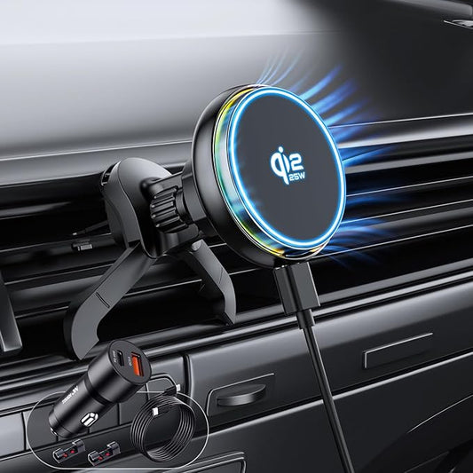 Qi2.2 25W for MagSafe Car Mount Charger, Wireless Car Charger with Cooling Fan, 45W Adapter, Air Vent Magnetic Car Phone Holder, Fast Charging for iPhone 17/16/15 Series & Samsung Galaxy