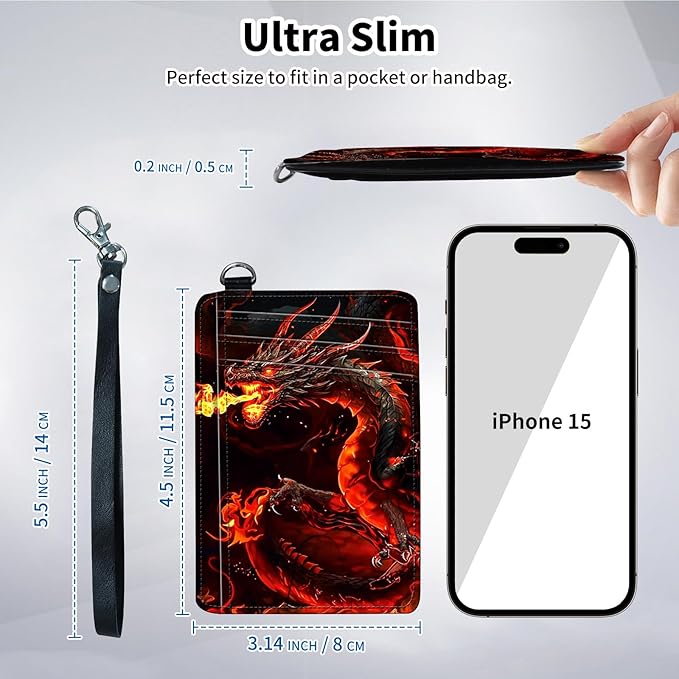 Slim Minimalist Front Pocket Wallet,Credit Card Holder Wallet for Women Men,RFID Blocking Credit Card Holder Case Leather Cute Small Thin Wallet ID Window&Wrist Strap,Fire Red Dragon