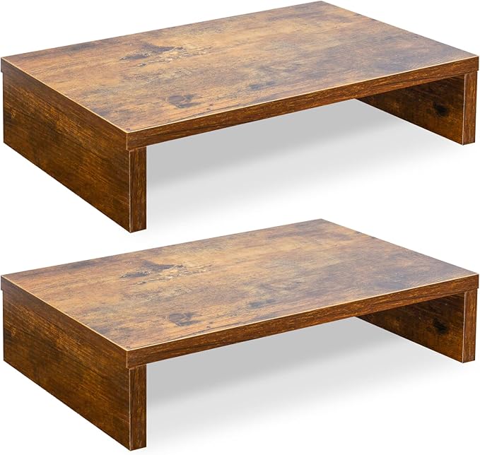 TEAMIX 2 Pack and 2 Drawers Rustic Brown Wood Monitor Stand Riser for 2 Monitors/Laptop/PC, Wood Screen/TV Stand Desk Organizer.