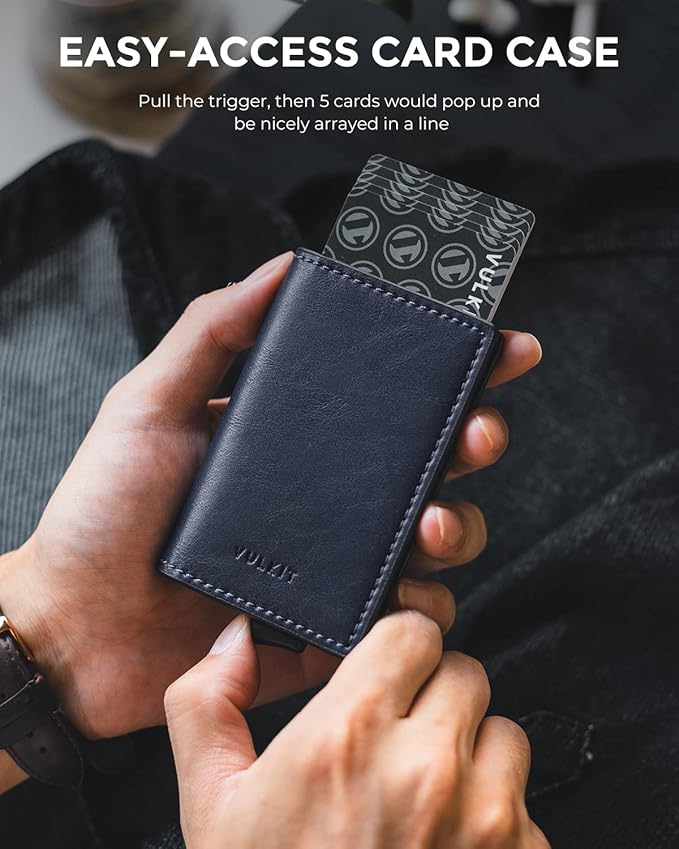 VULKIT Credit Card Holder RFID Blocking Leather Automatic Pop Up Wallet Aluminum Pocket Business Card Case