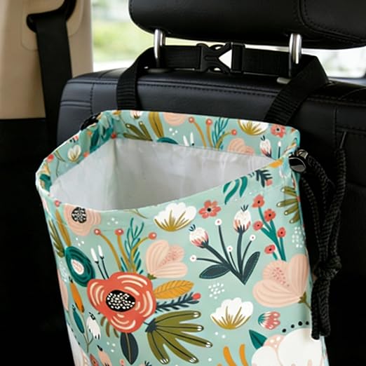 Bohemian Flowers Car Trash Bag - Waterproof Car Trash Bag Hanging Leakproof Car Garbage Bag - Washable Reusable Trash Bag For Car Interior Hanging Organizer Storage Vehicle Travelling Camping