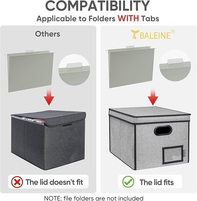 BALEINE File Organizer Box with Lid, Collapsible File Folder Organizer with Plastic Slide, Hanging File Folder Box for Office Document Storage (Tab Friendly, 2 Pack, Grey)