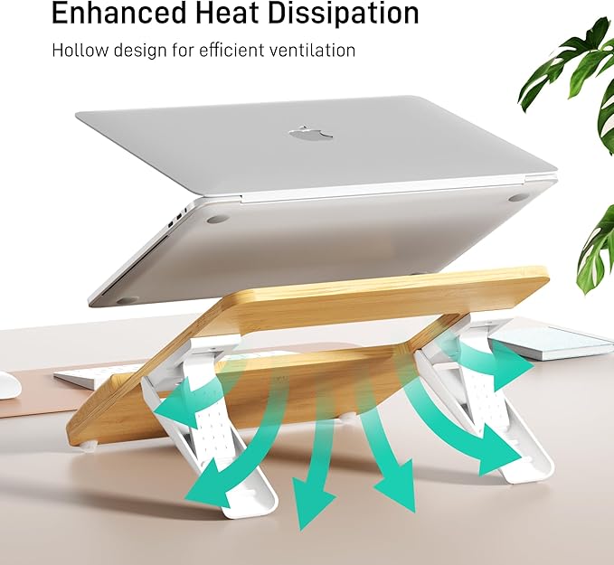 AFOOYO Adjustable Bamboo Laptop Stand,Portable Computer Riser,Ergonomic Notebook Mount with Wrist Rest,Compatible with 9.8-15'' All Laptops,MacBook Air Pro/HP/Dell/Lenovo,Bamboo