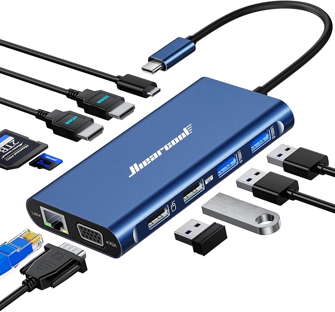 Hiearcool USB C Docking Station Dual Monitor, 11 in 1 Triple Display USB C Laptop Docking Station with 2 HDMI VGA, Type C Dongle Dock Compatible for Thunderbolt 3 4 Laptops