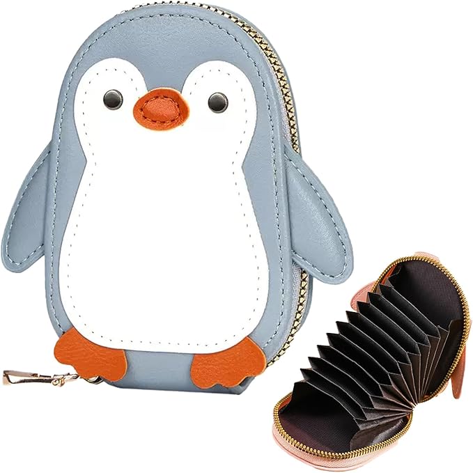 Cute Cartoon Penguin-shaped Coin Purse PU Leather Accordion Card Holder Large Capacity Zippered Money and Card Organizer Portable Mini Coin Purse (blue)