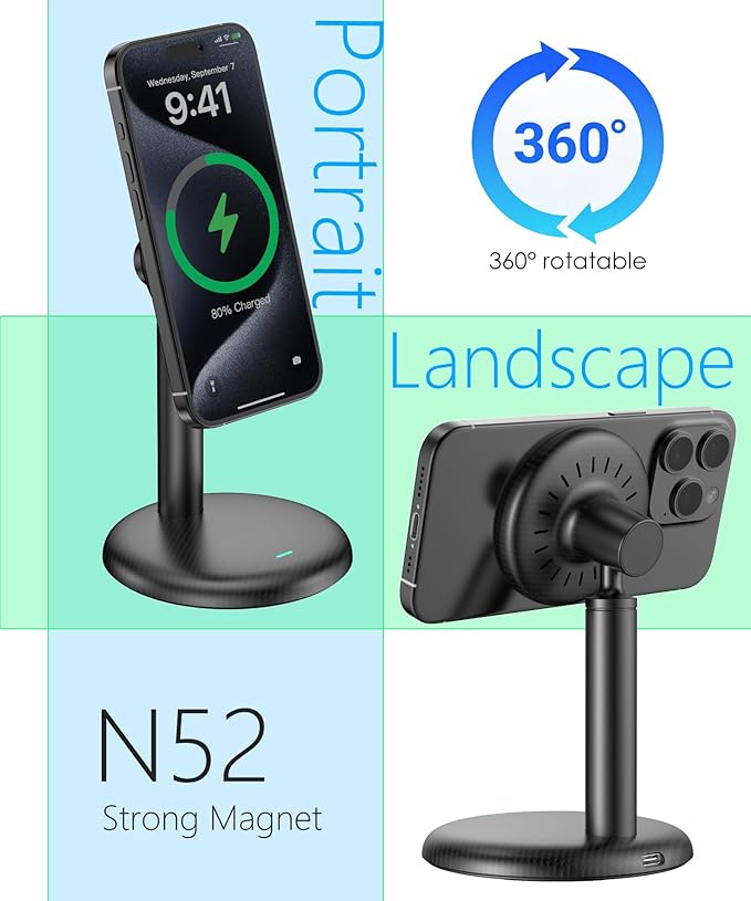 Mag-Safe Charger Stand for iPhone 17/Air/16/15/14/13/12,15W Fast Charging,Wireless Charging Pad Compatible with MagSafe Suitable for Desk or Nightstand (No Adapter/Angle Fixed)