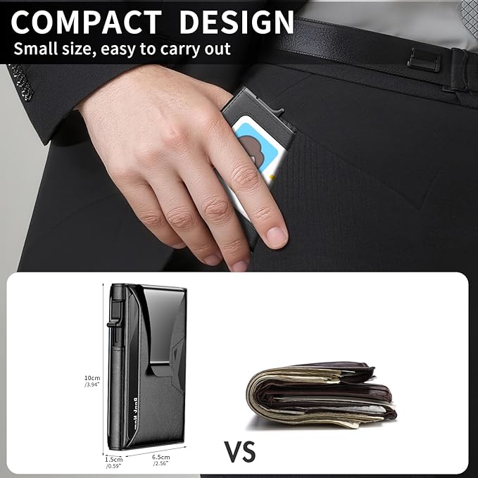 Wallet for Men Slim Minimalist Pop-up Smart Holds 5-6 Cards - RFID Blocking Metal with Money Clip, Credit Card Holder & ID Window,Business Card Cases, men accessories (Black)