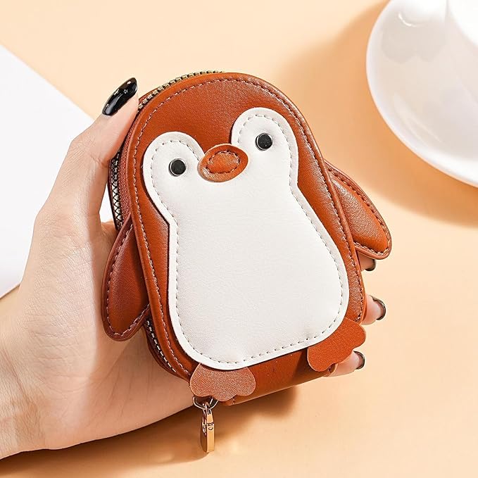 Cute Cartoon Penguin-shaped Coin Purse PU Leather Accordion Card Holder Large Capacity Zippered Money and Card Organizer Portable Mini Coin Purse (brown)