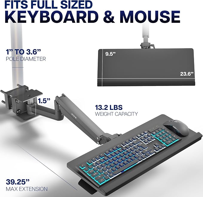 VIVO Sit-Stand 24 Inch Pneumatic Universal Pole Mounted Keyboard and Mouse Tray, Full Motion, Height Adjustable Typing Platform, Ergonomic Tilt, Black, MOUNT-KB35C-P
