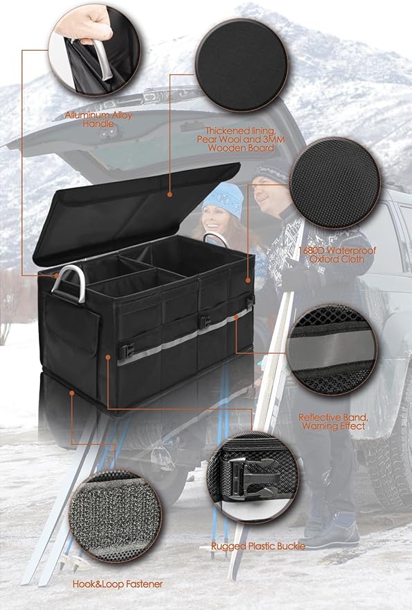 Trunk Organizer With Lid,Medium,Black 55L,For SUV Car Truck,Collapsible Waterproof Oxford Fabric,Portable Multipurpose sorting,3-Compartments with Aluminium Alloy Handle