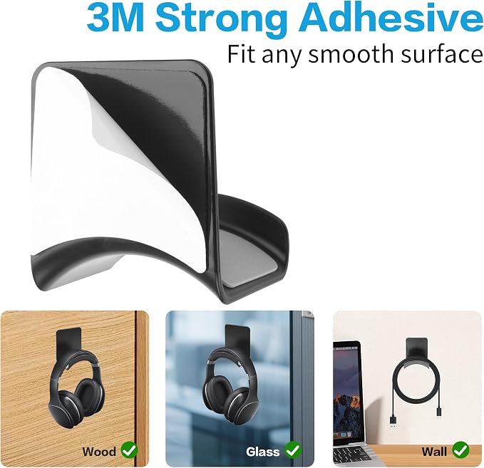 YAODHAOD Headset Hanger Holder Wall Mount, Sticky Headset Stand Holder Clip Under Desk for All Headphone/Controller (Black,Wall-Mounted)