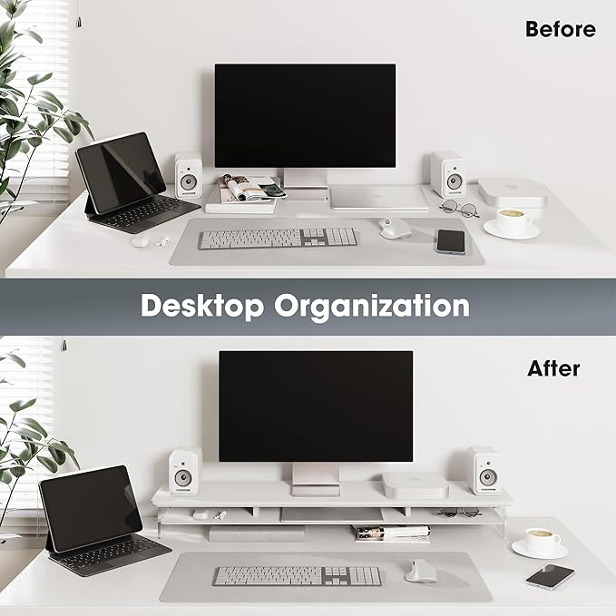 Fenge Acrylic Monitor Stand, 42.5 Inch Clear Dual Monitor Riser with Metal Storage, 2 Tier Computer Riser with LED Lights for Desk, Laptop, Printer, TV