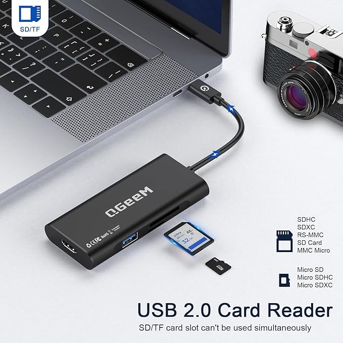 QGeeM USB-C 7-in-1 Dongle with 100W PD, 3x USB 3.0, SD/TF Card Reader, Compatible with MacBook, iPad, Dell XPS & More - Black