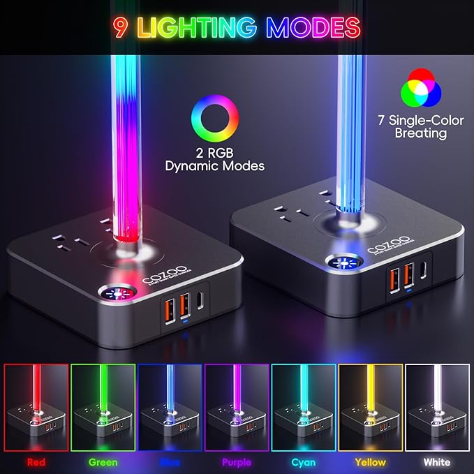 cozoo Gifts for Gamer Men All-in-One RGB Headset Stand & Charging Station | 3 USB Ports, 2 Outlets, Metal Space Gray | Gaming Equipment, Game Room Setup, Christmas Gifts for Him,Teen Boys,Tech Lovers