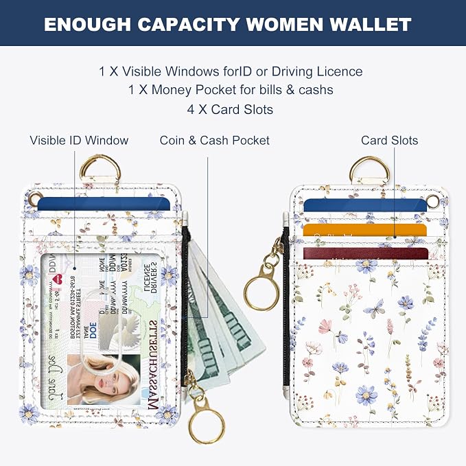 Slim Wallet Credit Card Holder, White And Purple Floral Print, RFID Wallet Women Cute Small Front Pocket Wallet With Zipper, PU Leather Thin travel RFID Blocking Card Case ID Window ,Ladies Gifts