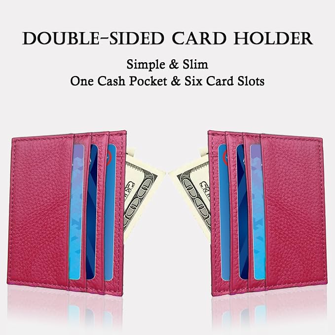 WOXVM Credit Card Holder Wallet RFID Blocking Slim Credit Card Cases Holder Premium Leather Minimalist Front Pocket Small Wallet with 6 Card Slots and 1 Pockets for Men Women (Rose Red)