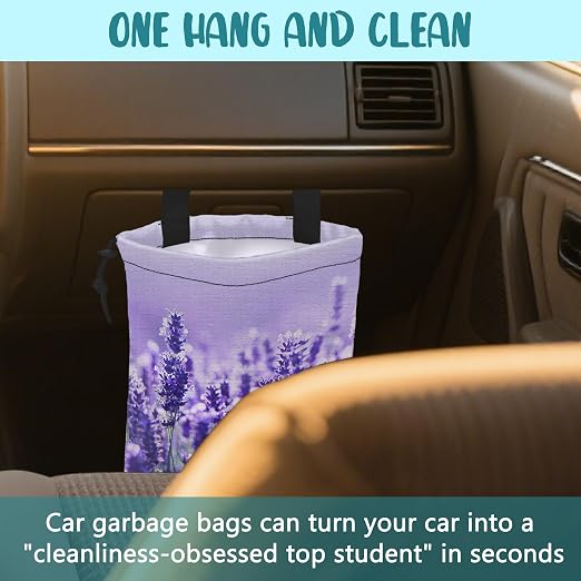 Car Garbage Bag Purple Lavender Flowers Drawstring Car Trash Bag Hanging for Back Seat with Adjustable Buckle Canvas Vehicle Trash Can Easy-to-Install