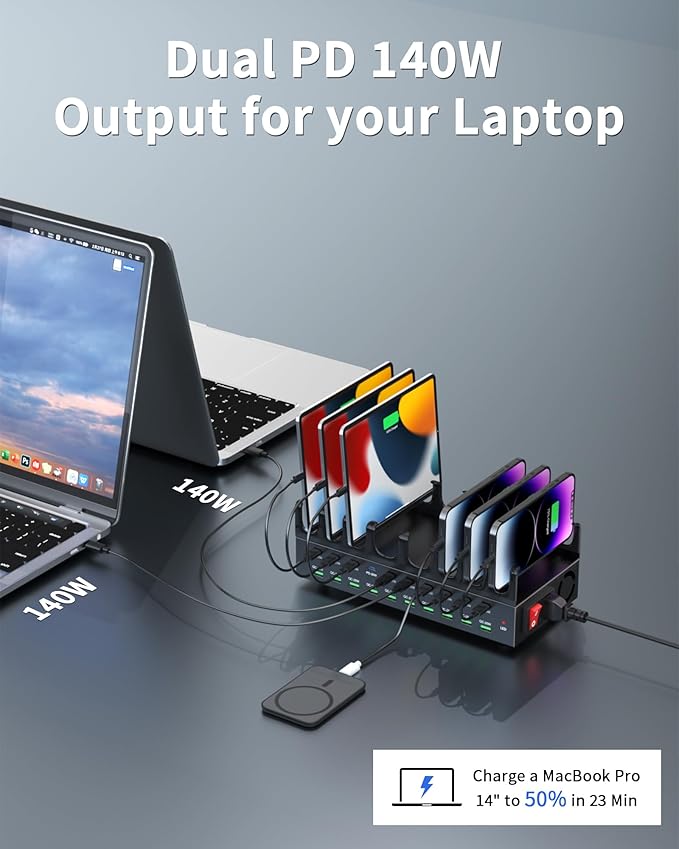 770W Charging Station for Multiple Devices, 20-Port USB C Fast Charging Station with Dual 140W PD PPS Port, Multi Device Fast Charger Dock for MacBook Pro Laptop, iPhone, iPad, Tablet, Cell Phone