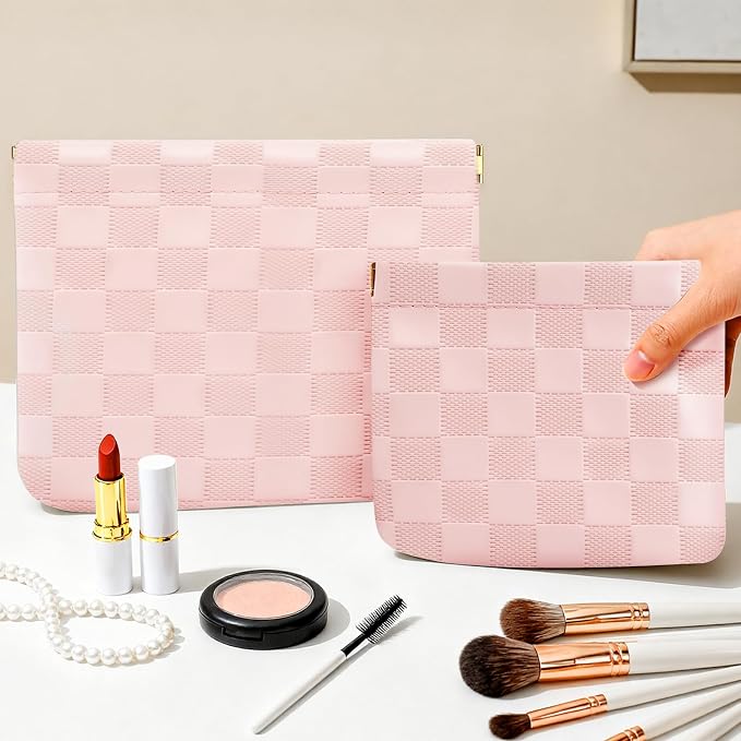 2 PCS Ladies Small Makeup Bag for Purse,Coin Purse Lipstick Cosmetic Accessories Organizer,Travel Pouch,Waterproof No Zipper Self-closing Small Makeup Pouch (Checkered Pink)