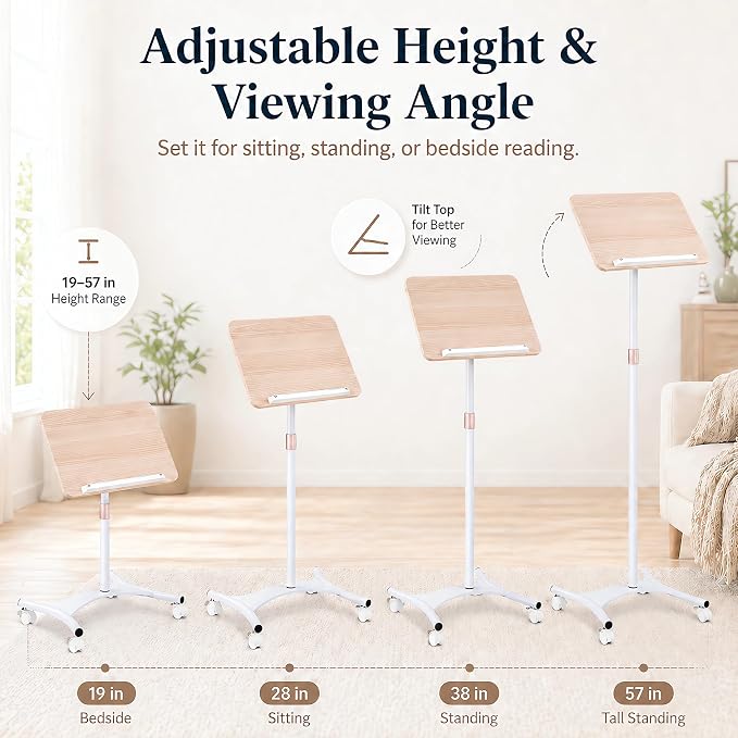 Rolling Floor Book Stand with Wheels, Reading Stand Book Holder | 16.5 x 11.8 in large panel | 19–57 in height adjustable| 360° angle | Lockable wheels | For books, sheet music, laptop