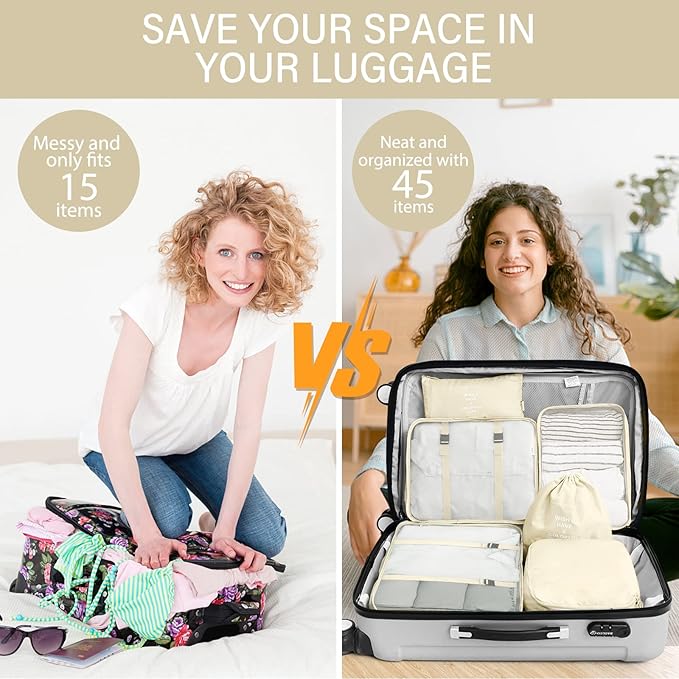 KPX 8 Set Packing Cubes for Travel, Luggage Packing Organizers Accessories Large Toiletries Bag for Clothes Shoes Cosmetics (Beige)