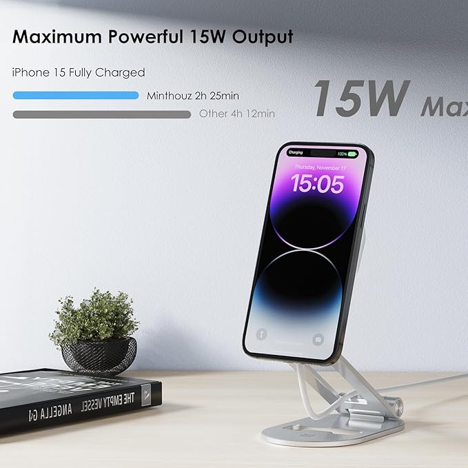 Minthouz Magnetic Wireless Charger for iPhone, 15W Fast Mag-Safe Charger Stand, Compatible with iPhone 16, 15, 14, 13, 12 Pro, AirPods Pro/4/3/2, Apple Magnet Wireless Charging Station