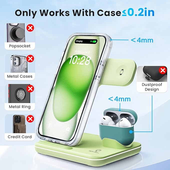 WAITIEE Wireless Charger 3 in 1, 15W Fast Charging Station for Apple Watch 9/8/Ultra 2/Ultra/SE/7/6/5/4/3/2, for AirPods 3/2/1/Pro/Pro 2, for iPhone 15/14/13 /Plus/Pro/Pro Max/12/11/X/Xr/XS/8 (Green)