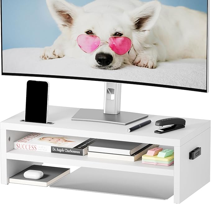 BONTEC Wood Monitor Stand Riser, 2-Tier Desktop Organizer with Storage, Ergonomic Computer Stand for Desk, Cable Management, Cellphone Holder, 21.3 Inch Shelf, White