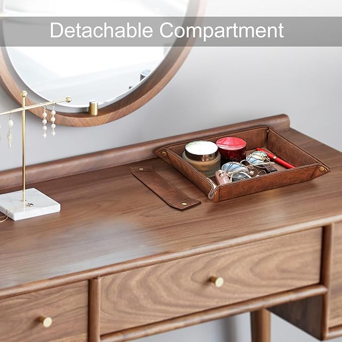 SITHON Valet Tray Desktop Storage Organizer, Removable 2 Compartments Catchall Tray Bedside Vanity Nightstand Caddy Holder Desk Storage Plate, Valentine's Day Gift, Brown
