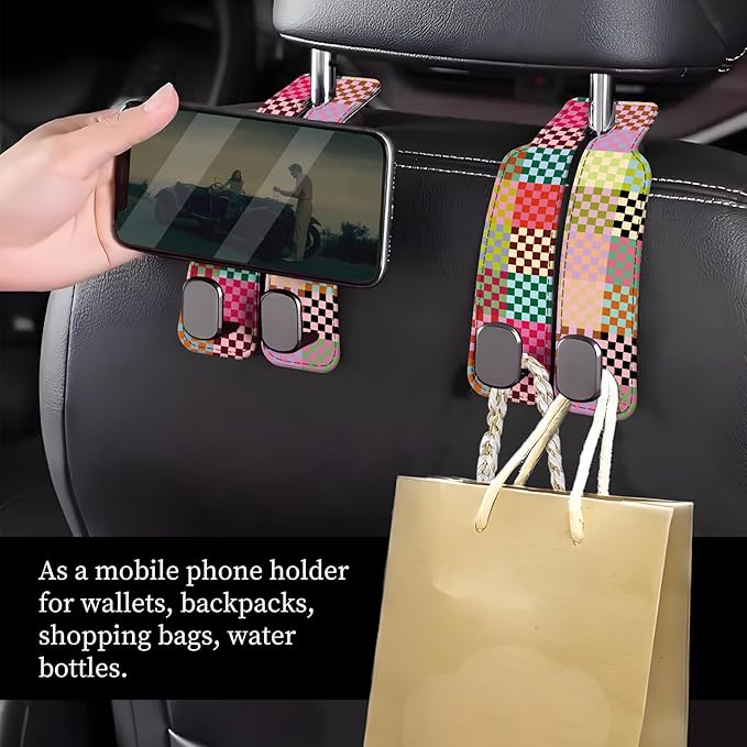 Car Seat Headrest Hook, Universal Leather Cute Hanger Holder Hook, Storage Organizer Interior Accessories for Purse Bags Handbag Colorful Cute Plaid