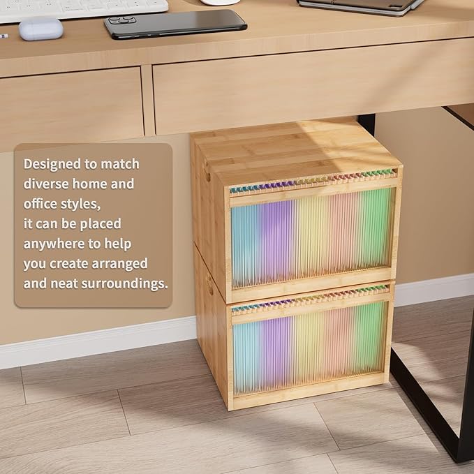 Bamboo Hanging File Boxes with Lids 2 Pack, File Organizer Box for Letter/Legal File, File Box with Hanging Folders Acrylic Light Easy Assembly File Storage Boxes for Office Home, Natural