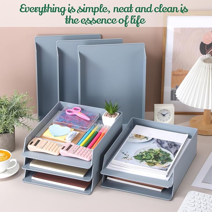 Wenqik 8 Pcs Stackable Paper Trays Rectangular Plastic Desk Holder Desktop Document File Organizer Storage Letter for Office Classroom (Gray)