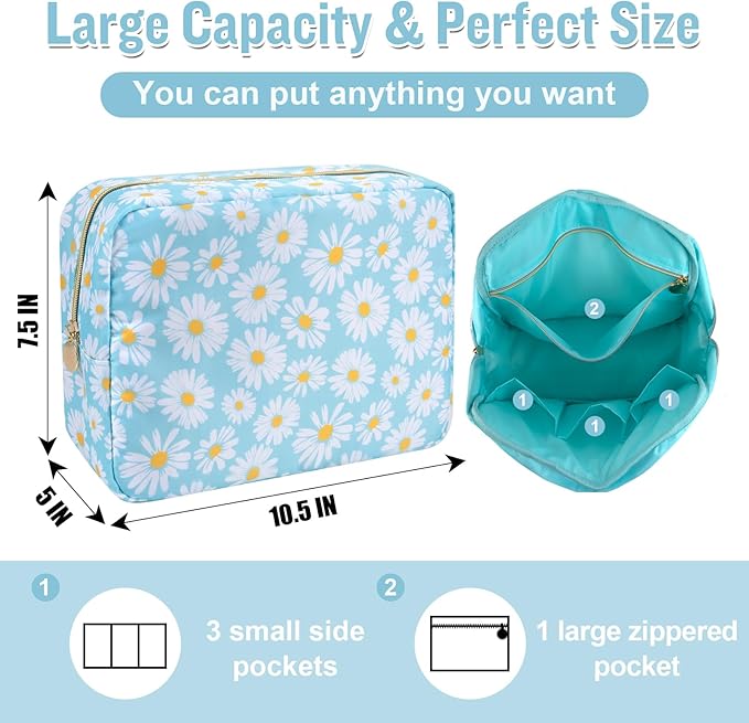 Nylon Large Floral Makeup Organizer Bag, Preppy Big Cute Flower Cosmetic Zipper Pouch Multi-compartment with Dividers, Waterproof Toiletry Make Up Brushes Bag Travel Essentials for Women(Blue-Daisy)