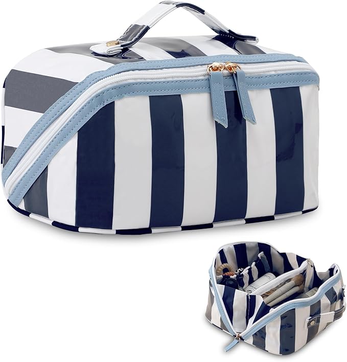 DYSHAYEN Stripe Travel Makeup Bag with Compartments Clear Coated Cosmetic Bag for Women, Waterproof Portable Open Flat Toiletry bag （White-Navy）