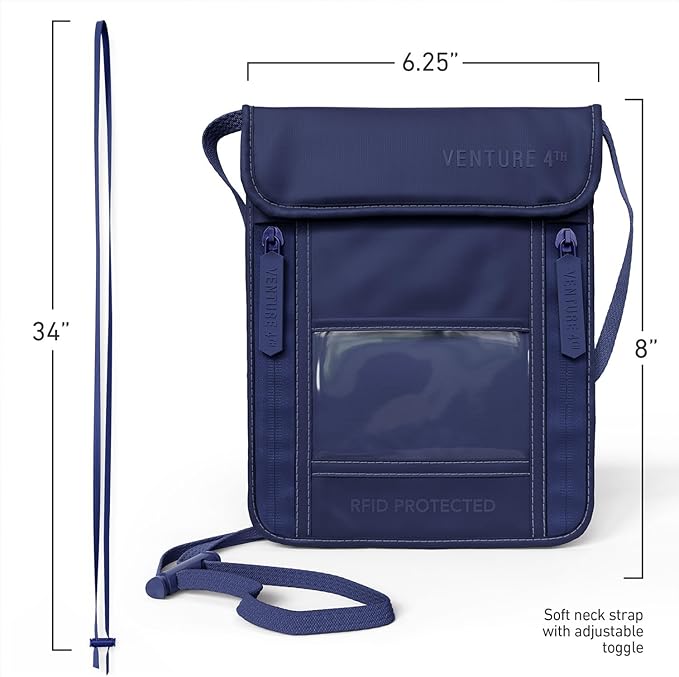 VENTURE 4TH Neck Wallet for Women & Men – RFID Blocking Passport Holder for Travel, Hidden Neck Pouch with 6 Compartments, Slim Lightweight Travel Organizer with Adjustable Strap (Sleek Navy Blue)