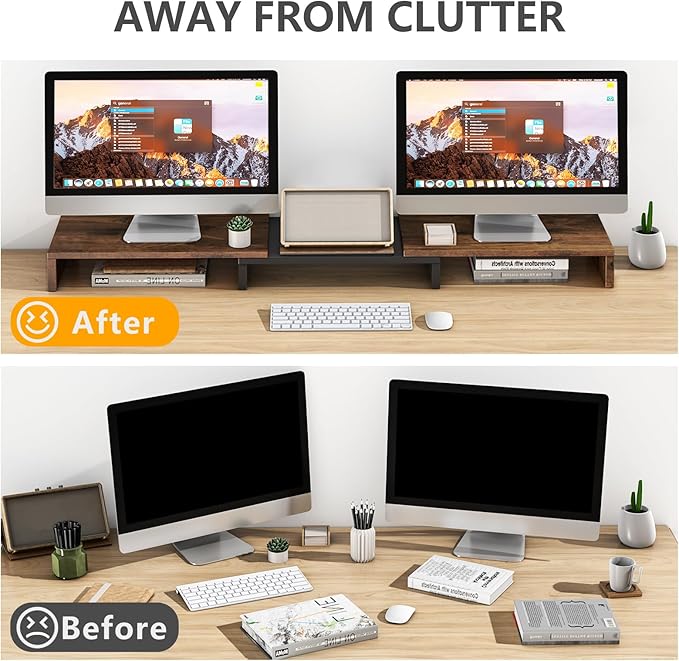 TAVR Dual Monitor Stand Riser, Computer Monitor Stands for 2 Monitors, Extra Long Multifunctional Wooden Desktop Organizer Riser for Computer, Laptop, PC, Printer, TV, Max 43.3" Length, Rustic Brown
