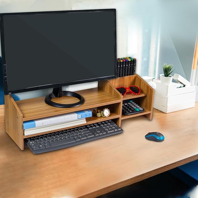 Catekro Monitor Stand Riser, 2 Tiers Wood Monitor Riser Stand with Storage Organizer, Multi-Purpose Desktop Organizer Riser for Computer,Laptop,Printer(Brown)