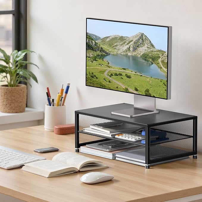 ECOLOVI 2-Tier Computer Monitor Stand Riser, Desk Organizer for Monitor, Printer & Laptop Stand, Desktop Workspace Organizers for Office Supplies(Black)