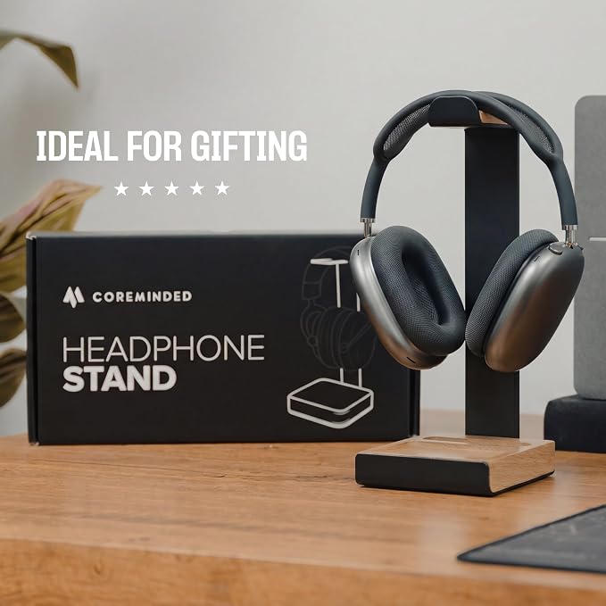 COREMINDED Universal Headphone Stand for Desk, Solid Wood Gaming Headset Stand, Heavy Duty Wooden Headphones Holder, Compatible with Airpods Max and More