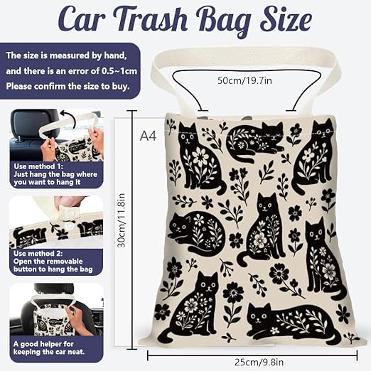 Bohemian Cat Car Trash Bag Floral Leaves Hanging Garbage Bag with Snap Buttons Car Back Seat Trash Storage Portable Dustbin Vehicle Trash Can Bag for Vehicle Accessories Travel Camping