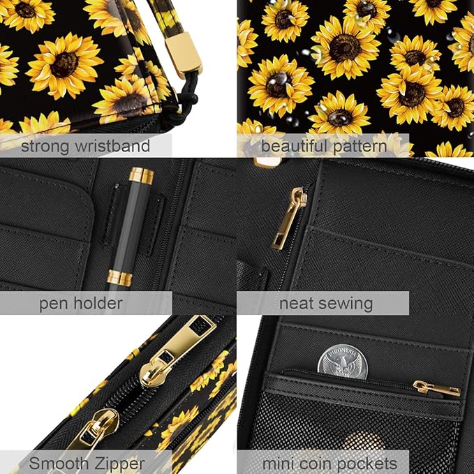 Family Passport Holder Wallet RFID Blocking Document Organizer PU Leather Mulit-purpose Travel Wallet Credit Cards Case for Women Men,Sunflowers