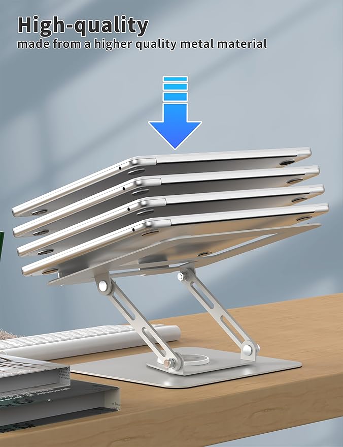 ALASHI Laptop Stand for Desk with 360° Rotating Base, Multi-Angle Adjustable Laptop Stands, Foldable Laptop Riser Compatible with 10 to 15.6 Inches PC Computer, Silver