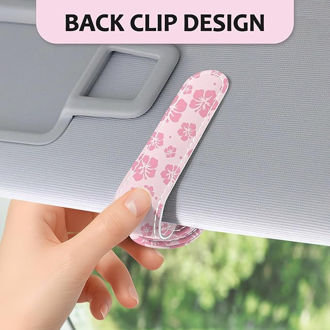 2 Pack Magnetic Leather Sunglass Holder, Universal Magnetic Car Eyeglass Hanger Clip for Different Size Eyeglasses, Car Visor Accessories (Hibiscus Flower)